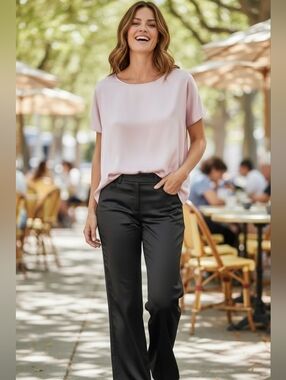 Eileen Fisher Satin Blouse Pink Cap Sleeves Size Small Career Quiet Luxury.